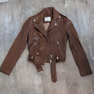 Aritzia+Wilfred Free- Cropped Tan Leather Moto Jacket